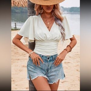 Ladies Top Butterfly Sleeve Ruffle Detail Shirt